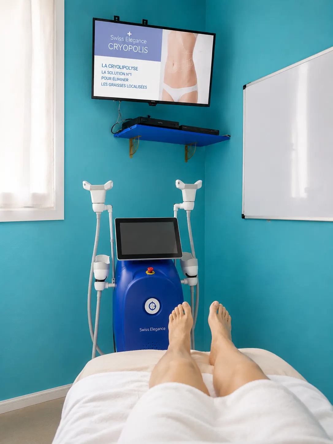Séance de cryolipolyse sur le ventre avec applicateur